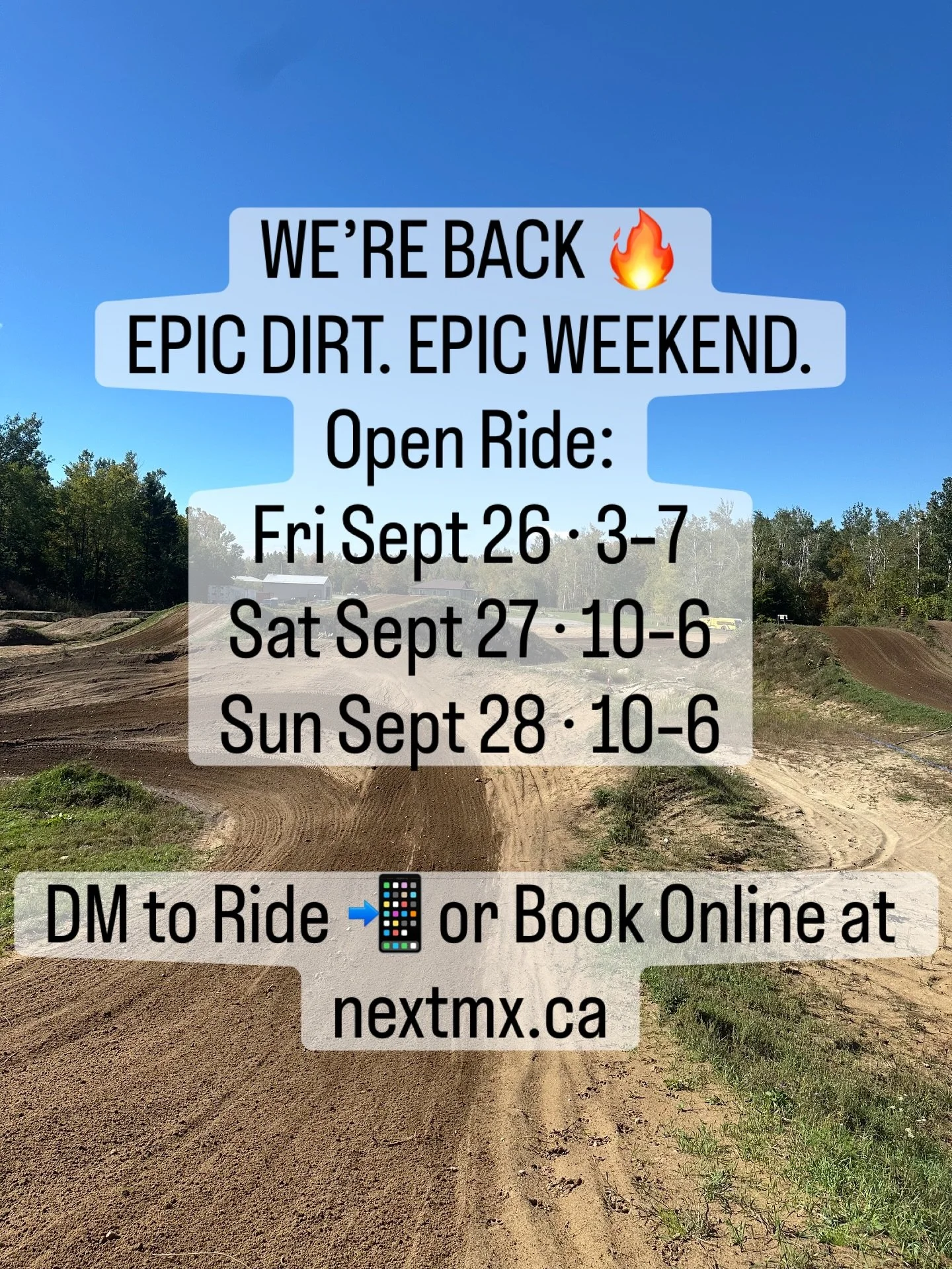 NEXT MX is back after last weekend off (Vegas SMX 👊). The rain has been perfect and the tracks are dialed for an epic weekend of riding.

📅 This weekend&rsquo;s open ride schedule:
	&bull;	Friday, Sept 26: 3&ndash;7 PM
	&bull;	Saturday, Sept 27: 10