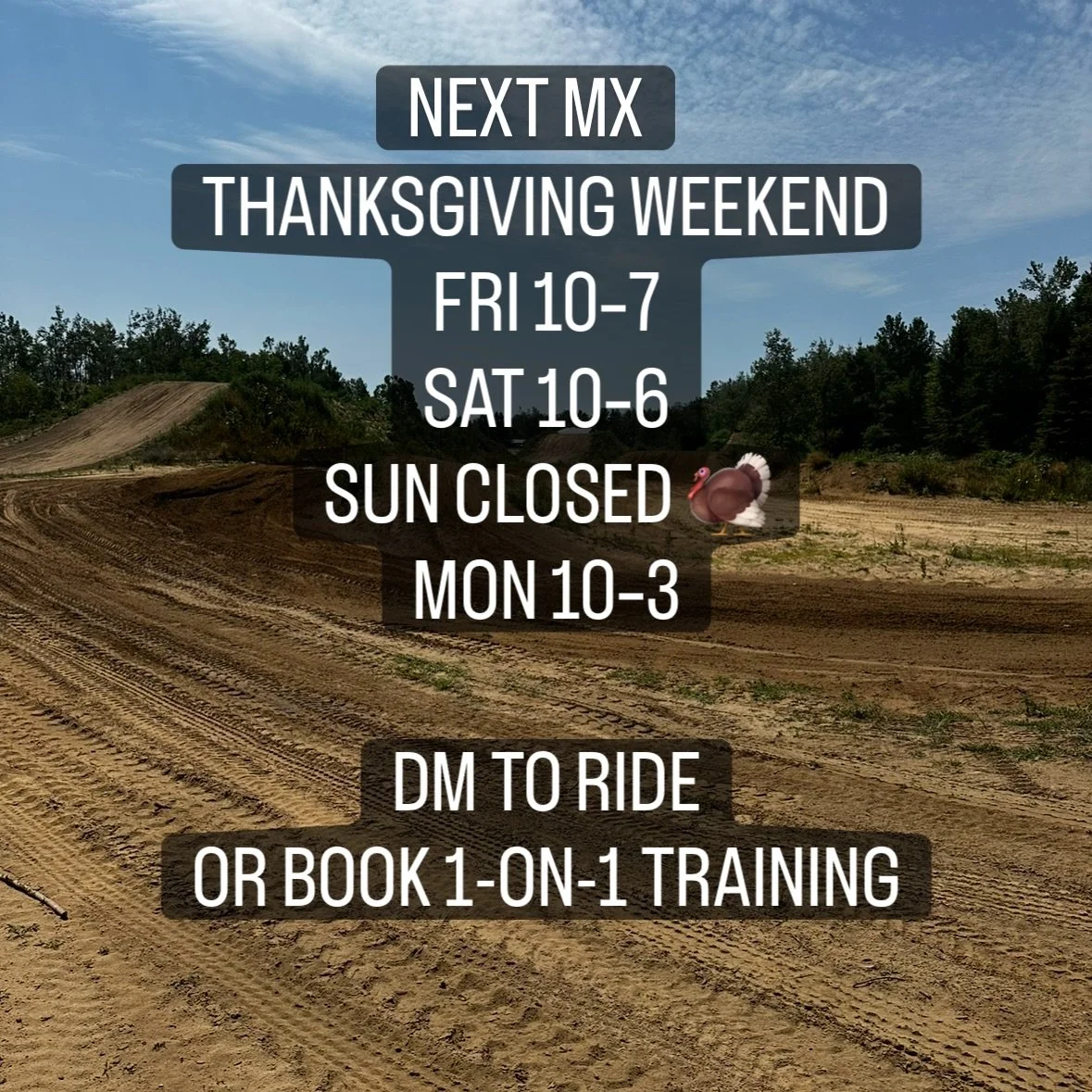 NEXT MX Thanksgiving hours 🦃
Fri 10&ndash;7 &bull; Sat 10&ndash;6 &bull; Sun CLOSED &bull; Mon 10&ndash;3
👉 DM to ride / book private training
