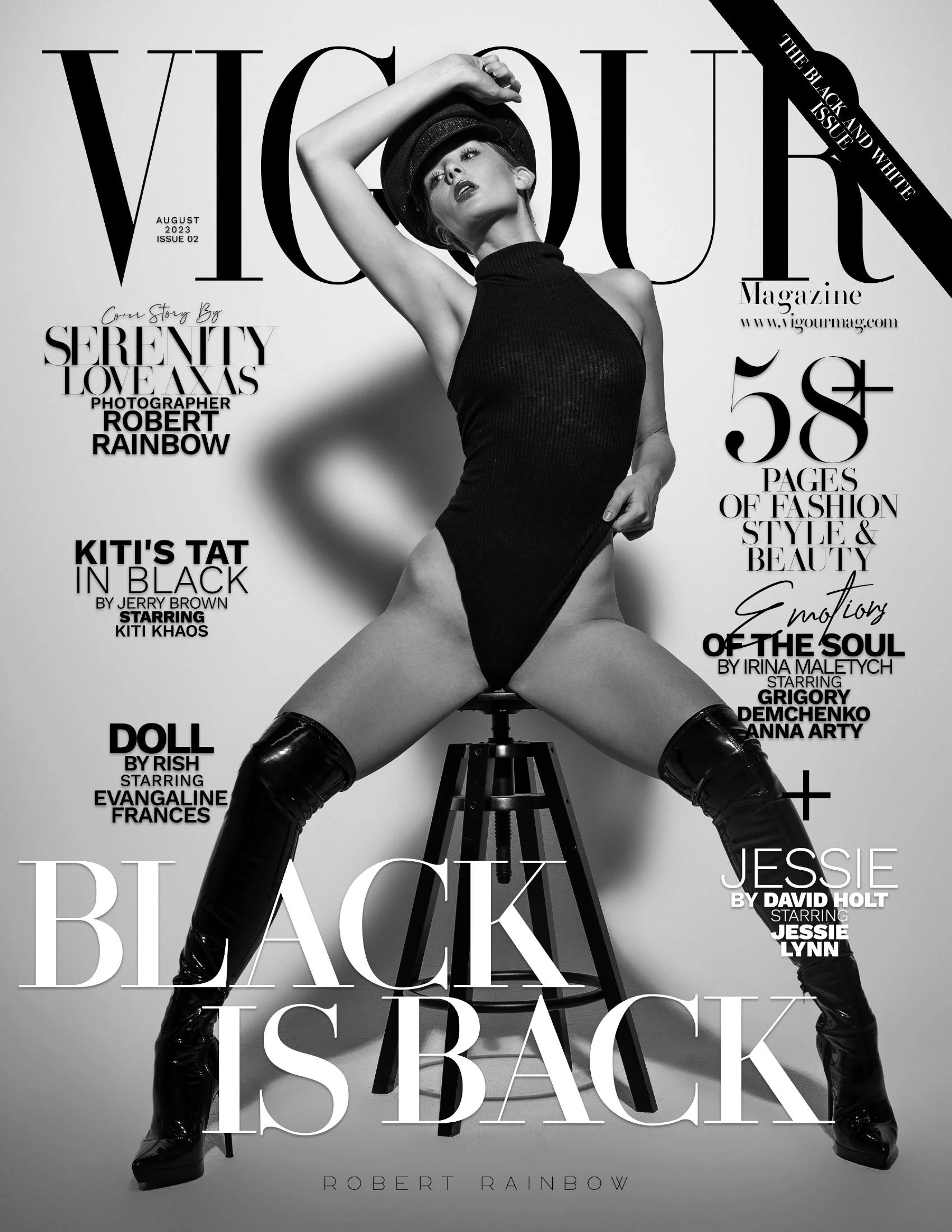 Black and white Vogue magazine cover featuring a woman in a black bodysuit and thigh-high boots, posing on a stool with one arm raised over her head and wearing a hat.