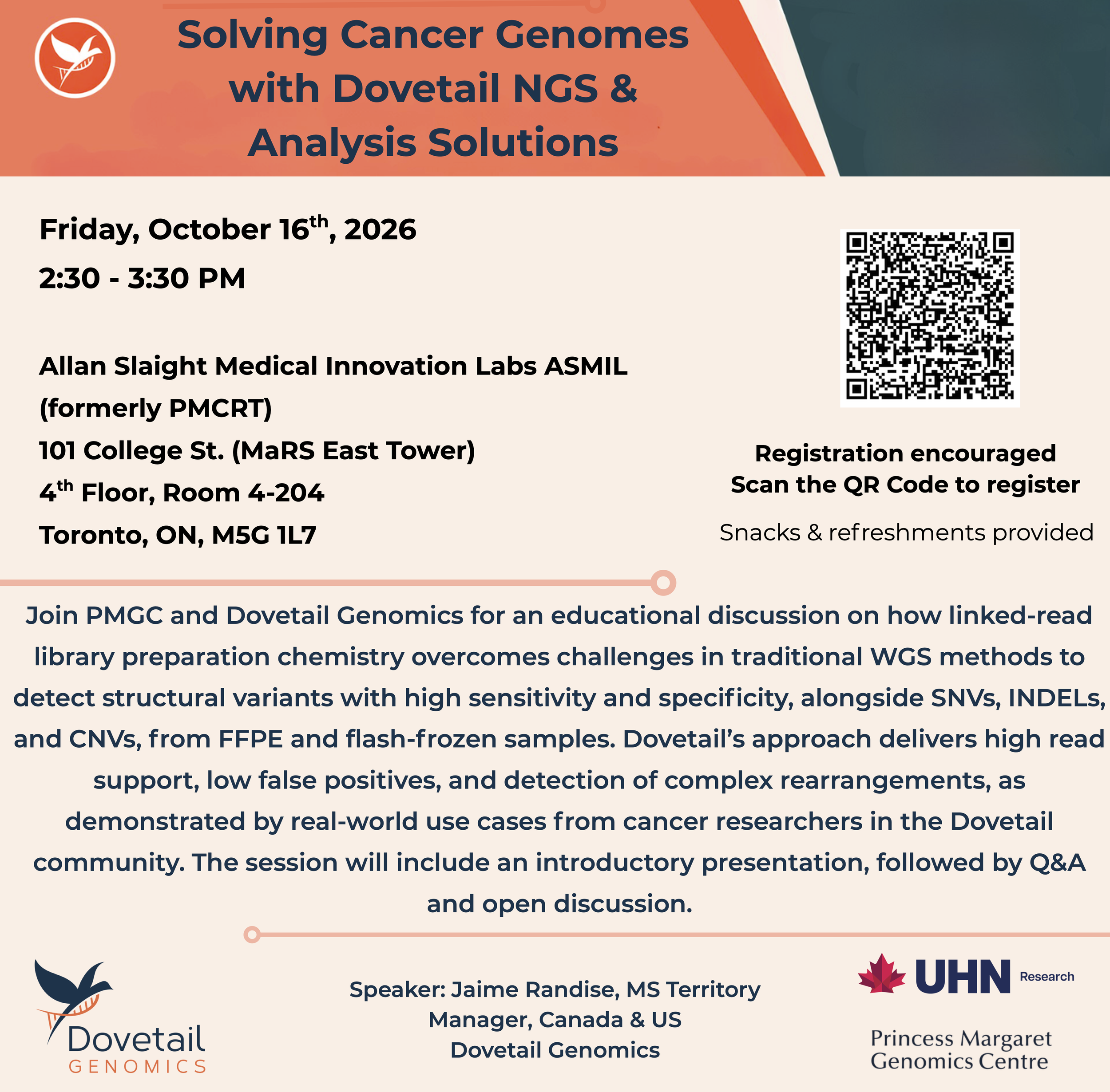 Join Dovetail Genomics and PMGC in Toronto for an on-site seminar exploring linked-read NGS for structural variant detection in complex cancer genomes.