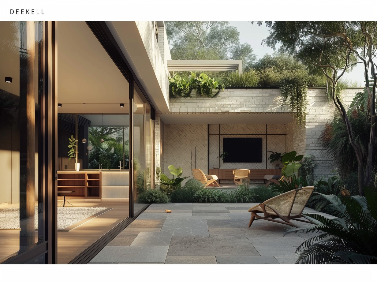 Modern outdoor patio with lounge chairs, lush greenery, and a wall-mounted television, adjacent to a contemporary interior with sliding glass doors.