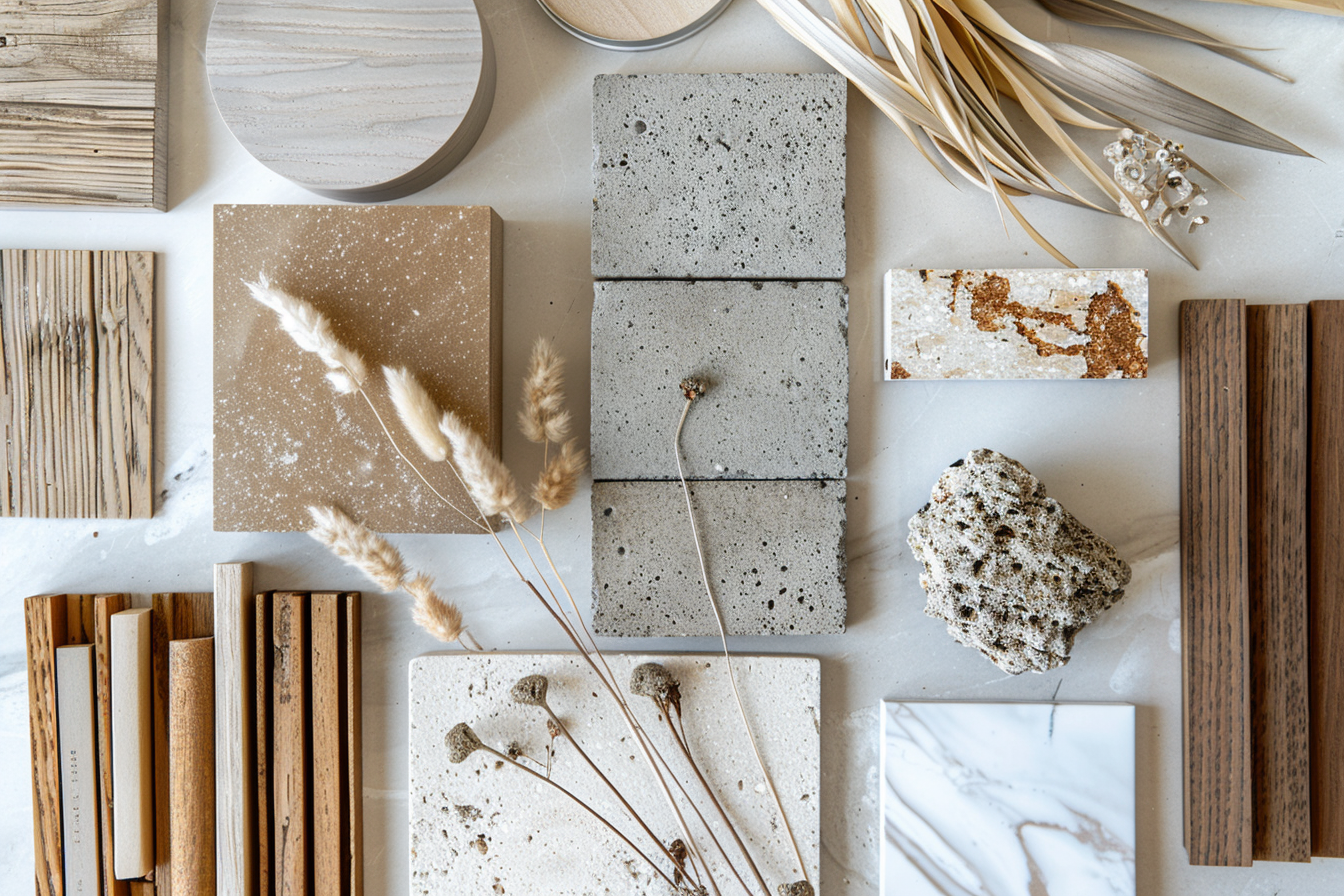 A flat lay of various natural and manufactured materials, including wood samples, concrete tiles, stones, a mirror, dried plants, and decorative objects, arranged on a light surface.