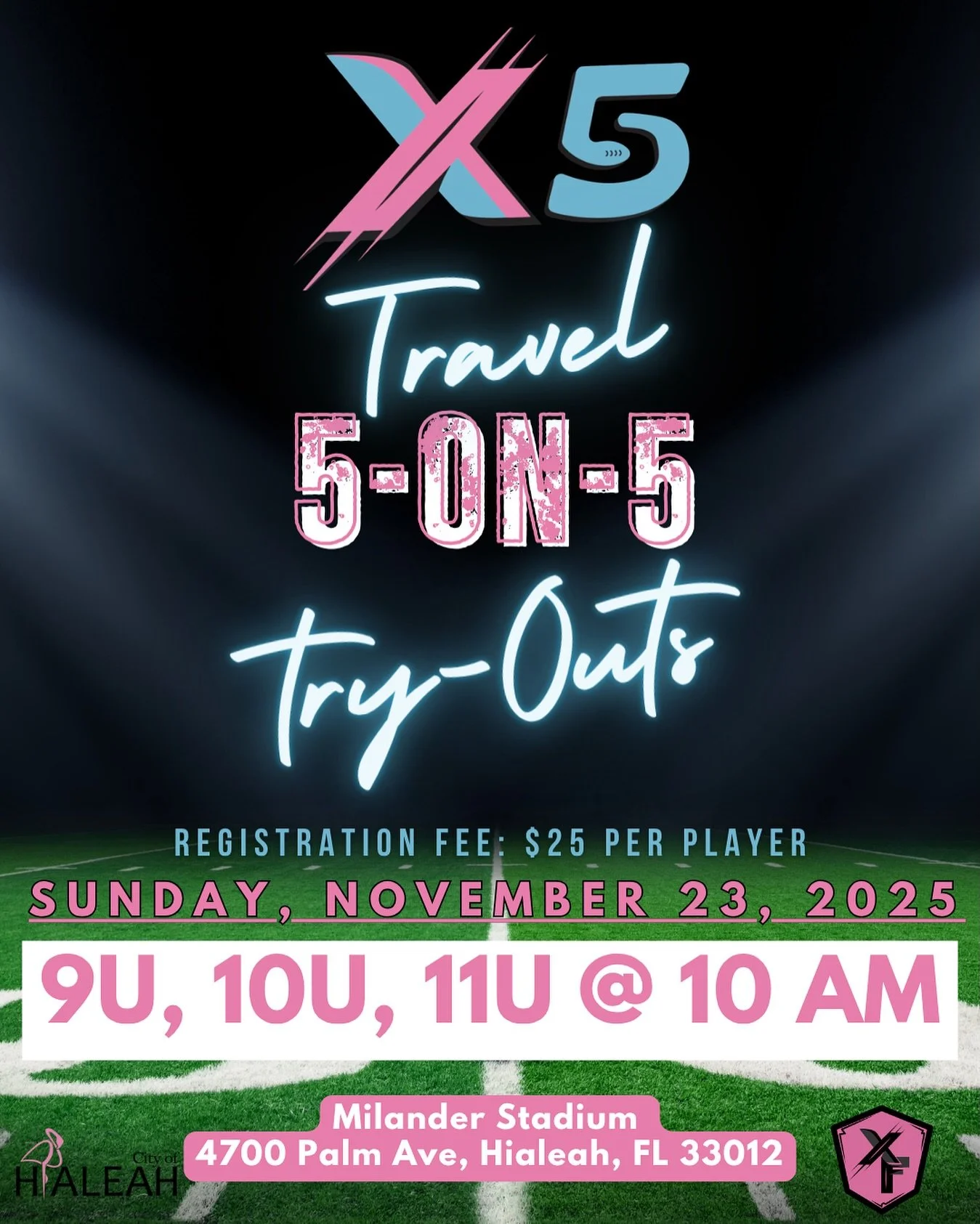 🚨 X5 TRAVEL 5-ON-5 TRYOUTS! 🚨

Come compete with the best 🏆 &mdash; our travel teams will be heading to Disney 🏰 for the Youth Flag Football World Championship this February 2026!

Do YOU have what it takes? 💪🔥
Tryouts: Sunday, November 23, 202