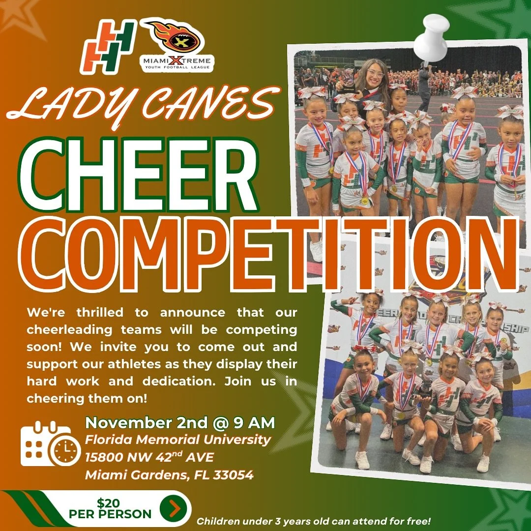 🌪️ This SUNDAY come watch our @hialeahhurricanescheer bring the STORM to the Miami Xtreme Cheer Competition! 💚🧡

Our Lady Canes have worked hard all season &mdash; now it&rsquo;s time to shine on the big stage!✨

📍Florida Memorial University
🕘 9