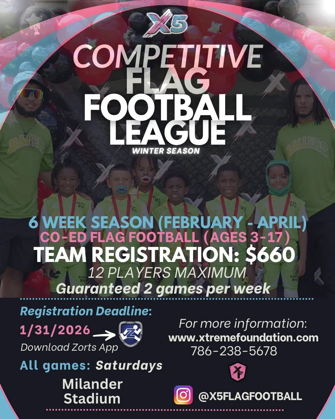 🚨🏈 TEAM REGISTRATION IS OPEN! 🏈🚨

Already have a squad? THIS ONE&rsquo;S FOR YOU 😤🔥
Bring your full team and compete in our high-level flag football league!💪🏆

🏟️ ALL GAMES PLAYED AT MILANDER STADIUM

💰 $660 per team
👥 12 players MAX
🏈 2 