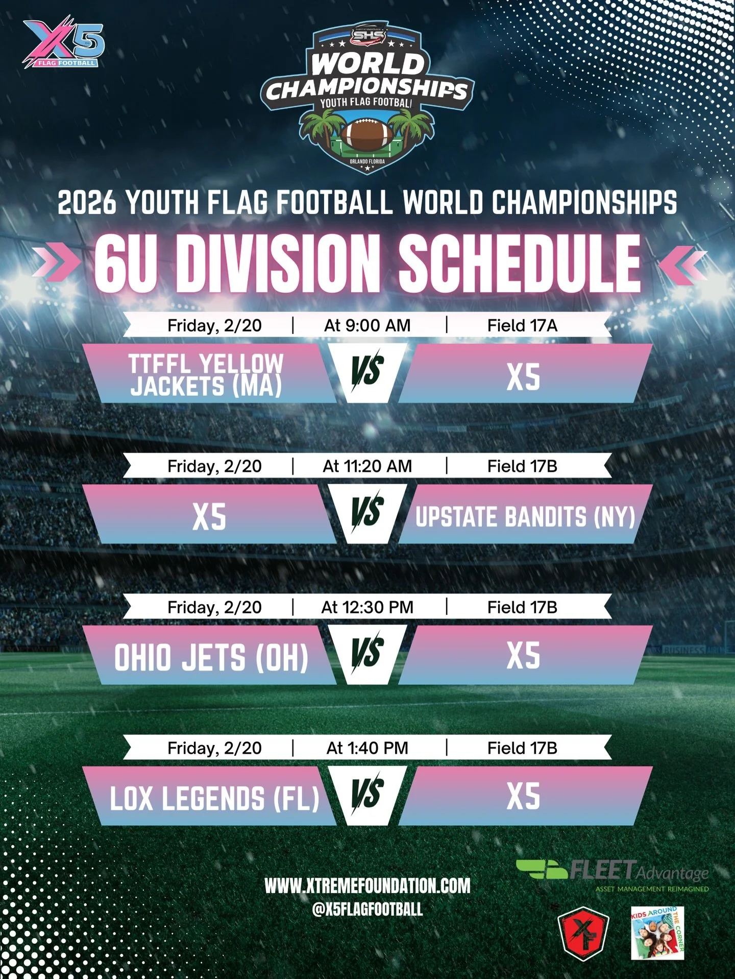 LETTTTSSS GOOOOOOO‼️‼️🔥🔥

X5 taking over the 🌎🏆

6U. 9U. 11U. We outside ALL weekend 💪💯

Time to show out and put on for the squad 😤🏈

The HIALEAH takeover💥

#X5 #WorldChampionships #YouthFootball