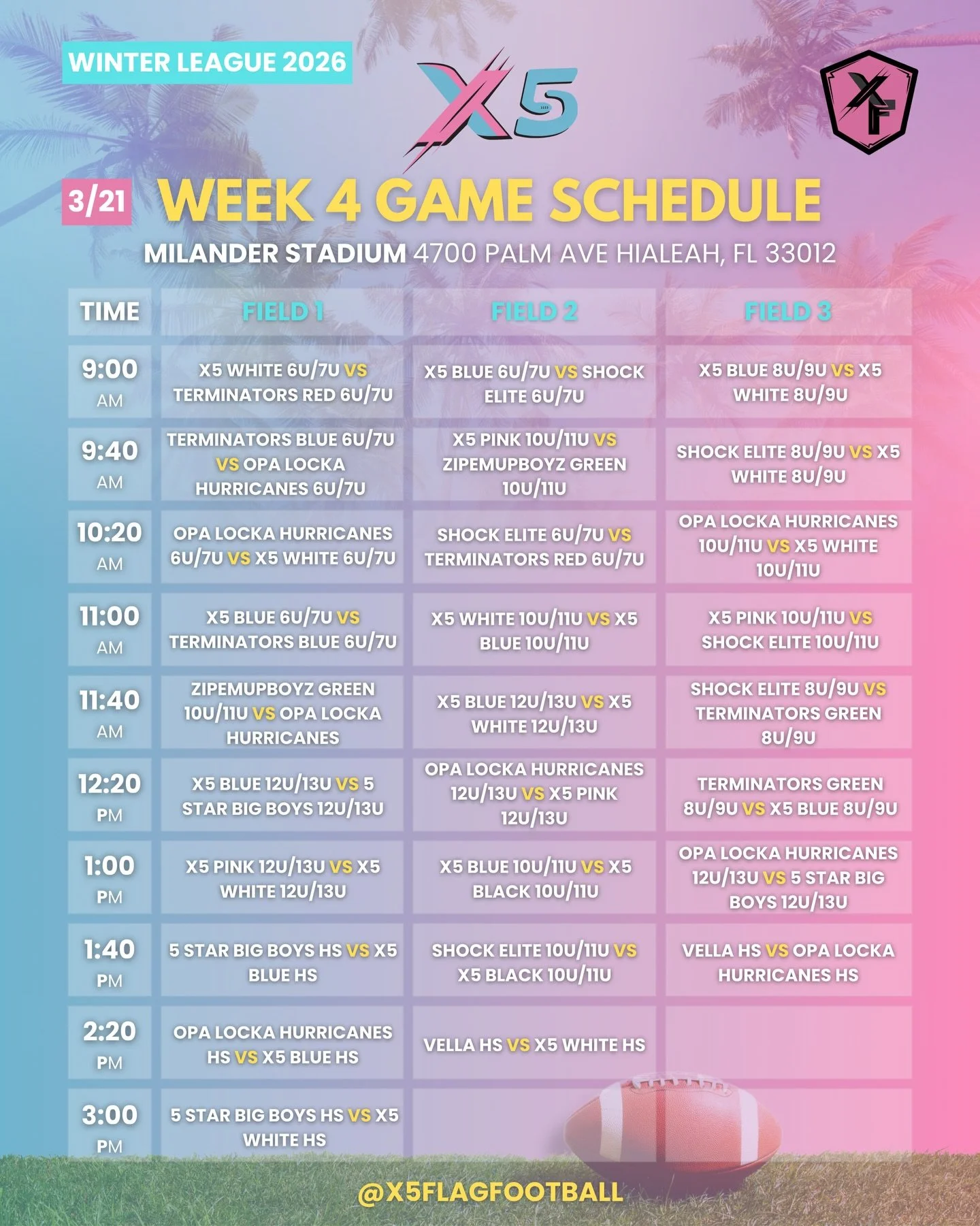WINTER LEAGUE 2026 WEEK 4 SCHEDULE 🔥🏈

We&rsquo;re heading into Week 4 and the intensity is different now. 👀

Every play matters, every flag pull counts, and teams are fighting to secure their spot as we get closer to the final stretch. 💪

The We