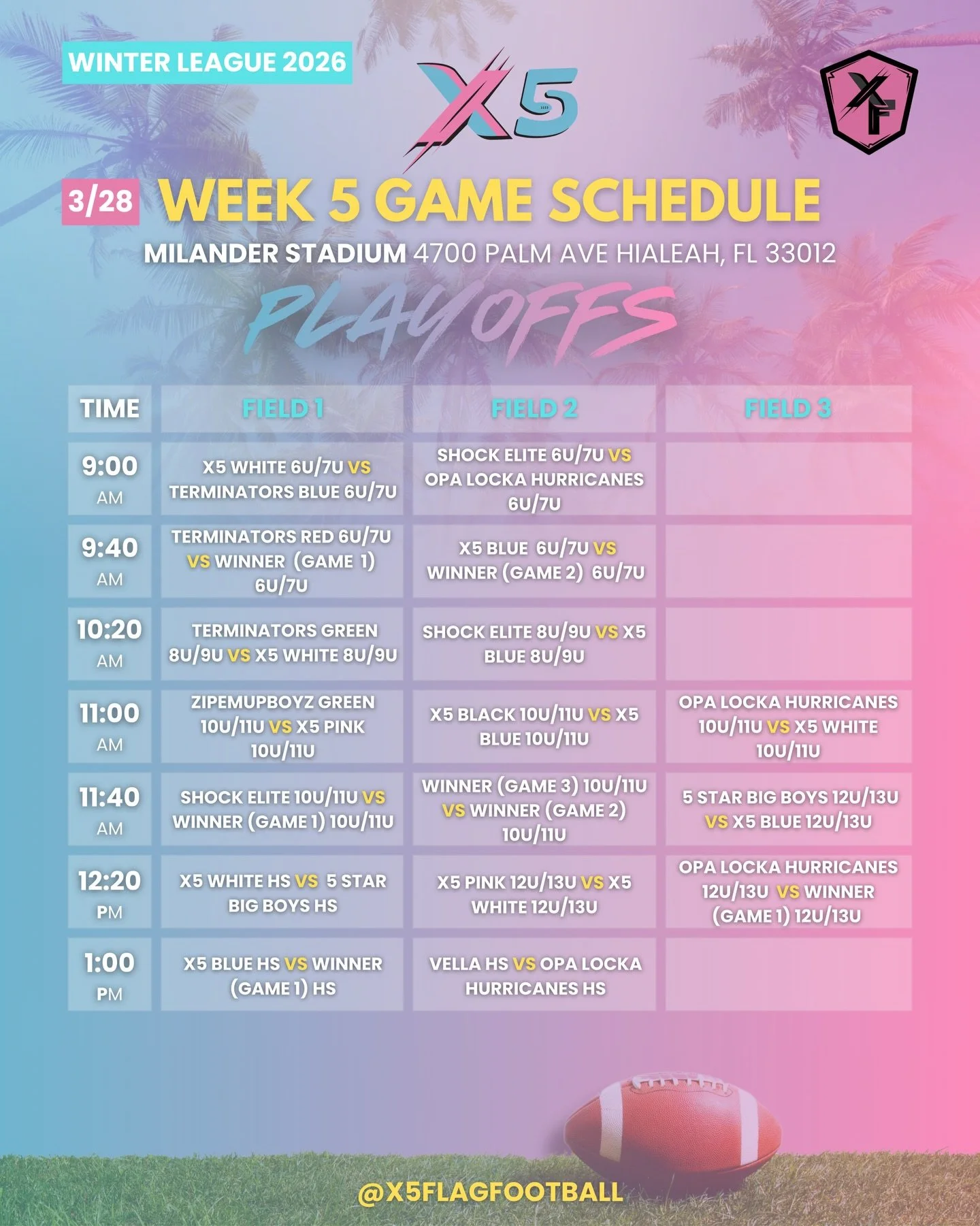 WINTER LEAGUE 2026 WEEK 5 PLAYOFFS 🔥🏆

This is what it all comes down to&hellip; PLAYOFF TIME.
No more second chances. Win or go home. Who&rsquo;s really built for this moment? 😤🏈

The Week 5 Playoff Schedule is LIVE, it&rsquo;s time to lock in a