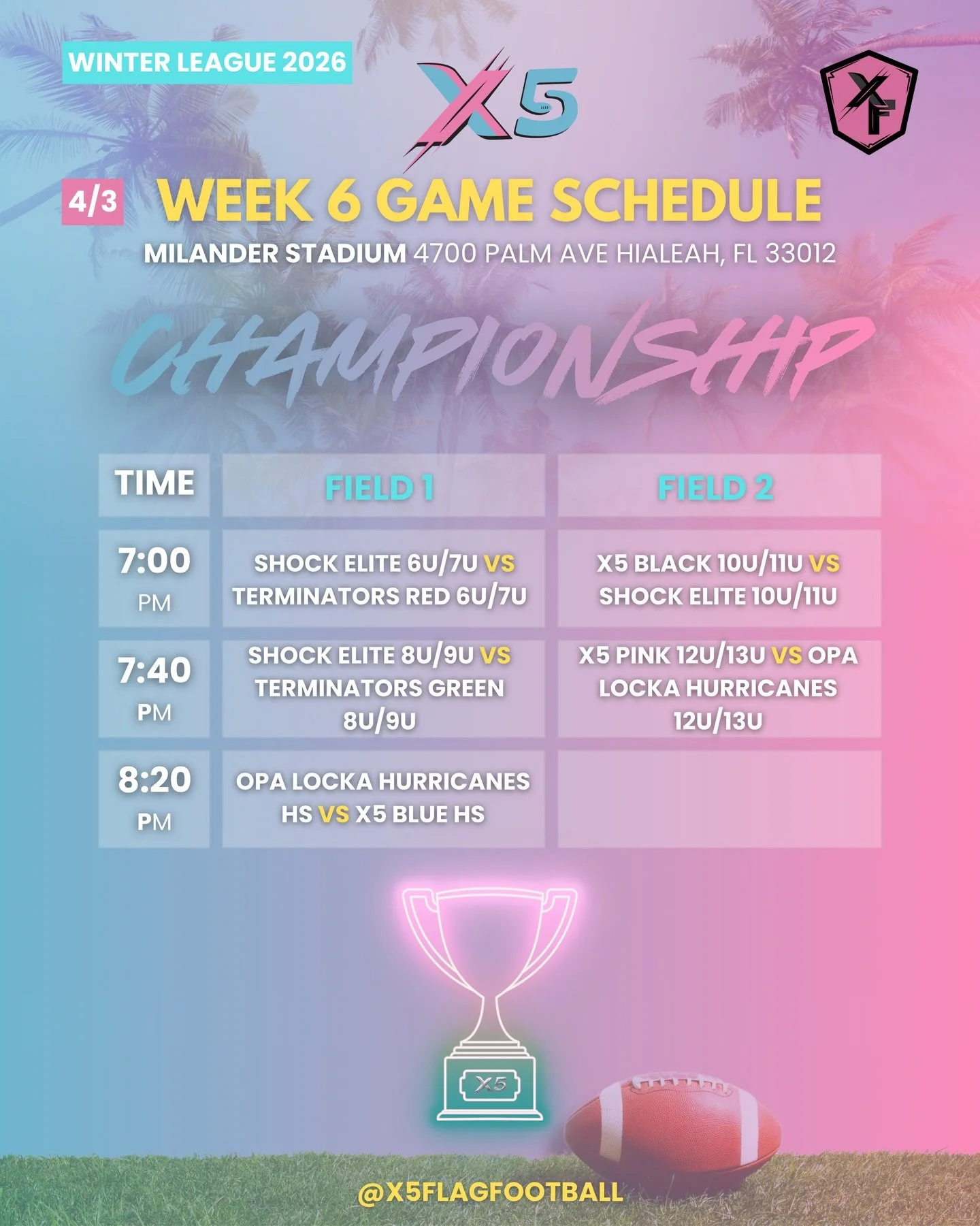WINTER LEAGUE 2026 CHAMPIONSHIP NIGHT 🔥🏆

This is it&hellip; WEEK 6 UNDER THE LIGHTS 🌙🏈
The grand finale of our 6-week season goes down Friday 4/3 at Milander Stadium and it&rsquo;s GAME ON.

Who&rsquo;s stepping up? Who&rsquo;s finishing the job