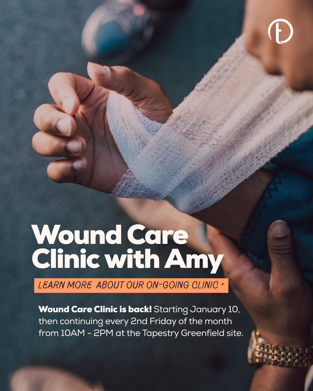Close-up of a person with a bandaged hand. The fingers are visible, with the person holding onto their shoulder. The background is blurred, with a water bottle visible. Text overlay reads: 'Wound Care Clinic with Amy. Learn more about our on-going cl