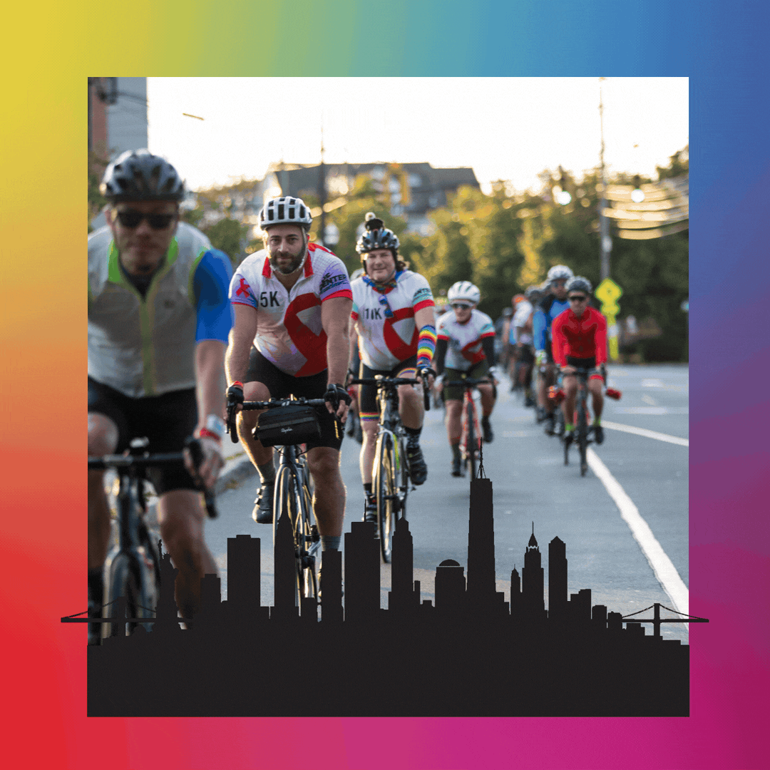 A group of cyclists riding on a city street during daytime, with a skyline silhouette at the bottom of the image.