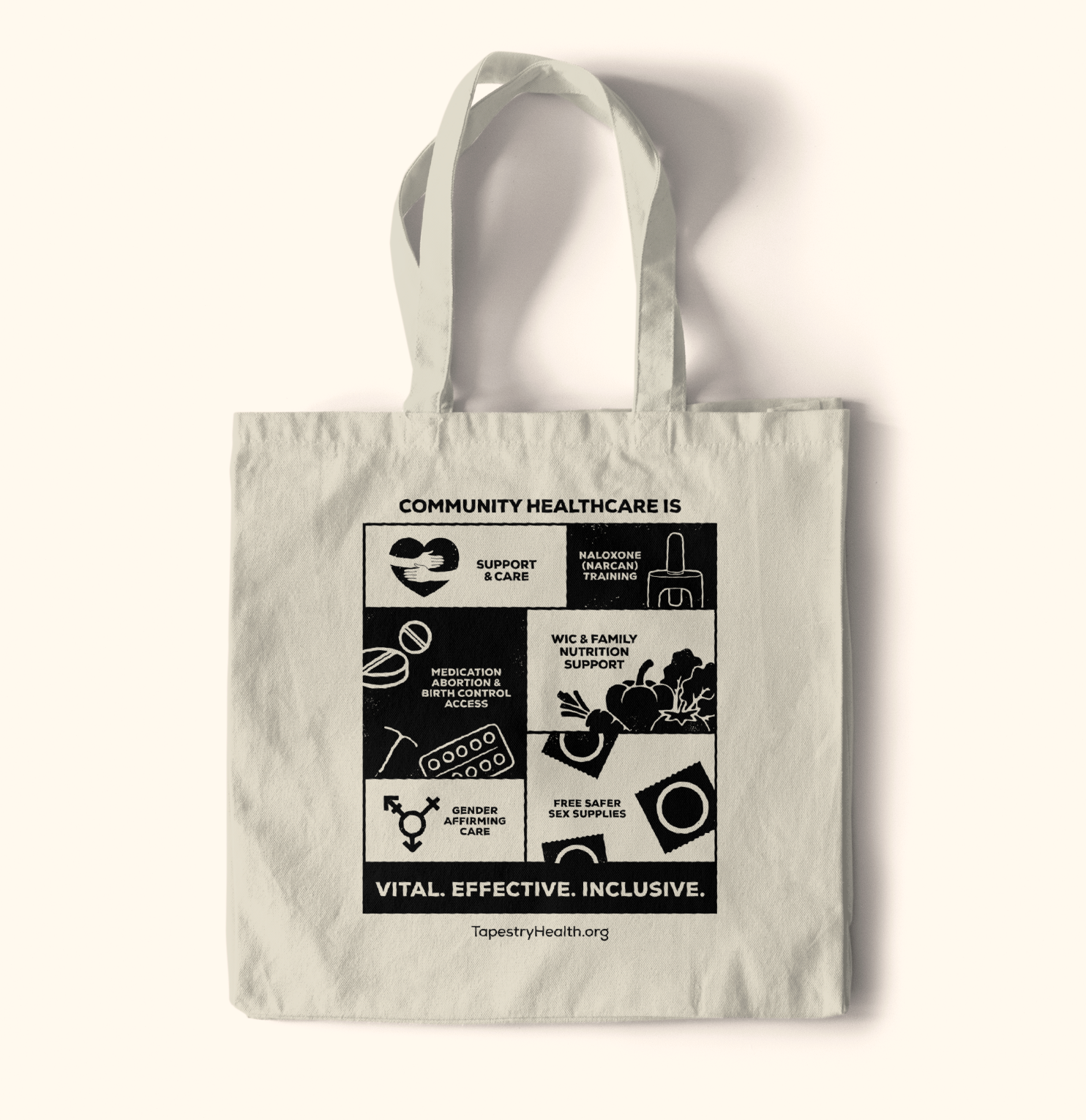 A white tote bag with black text and icons promoting community healthcare services, including support and care, naloxone training, medication access, nutrition support, gender-affirming care, and free safer sex supplies.