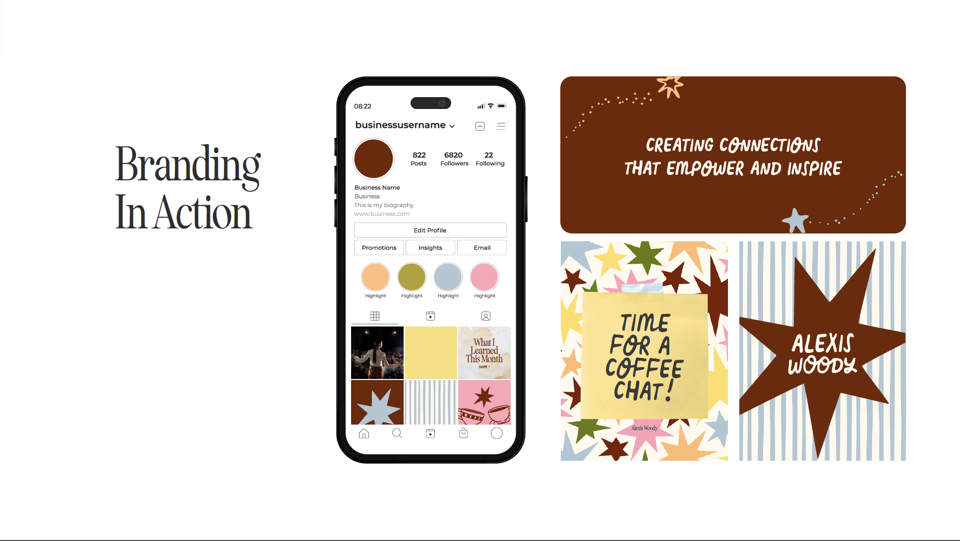 A graphic design layout with a white background, displaying the phrase "Branding In Action" on the left. On the right, there are four separate visual elements: a smartphone mockup showing an Instagram profile, a rectangular brown background with whit