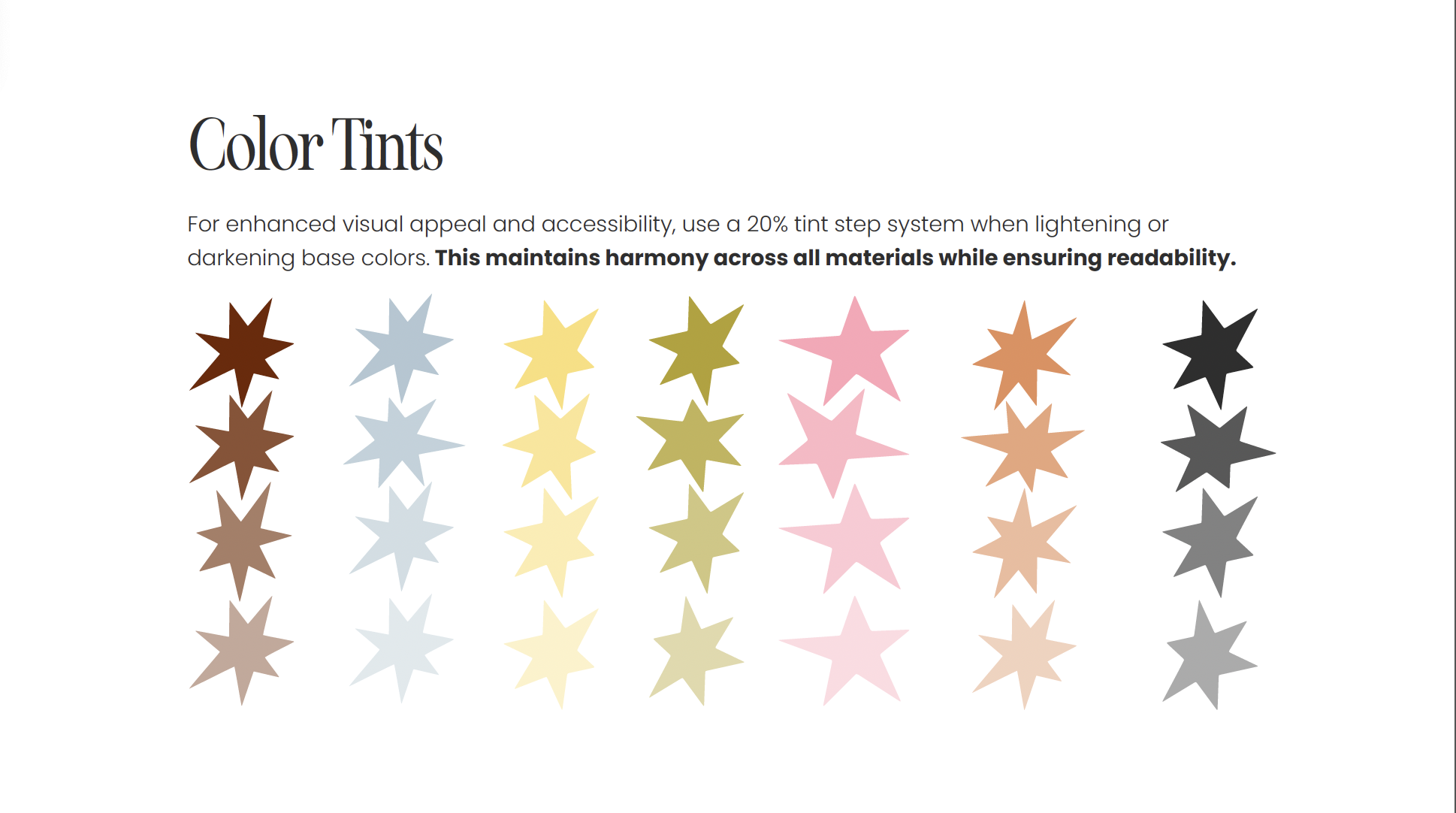 Graphic displaying various color tint options as star-shaped swatches in shades of brown, blue, yellow, green, pink, orange, and gray, with accompanying text about color tint recommendations for design.