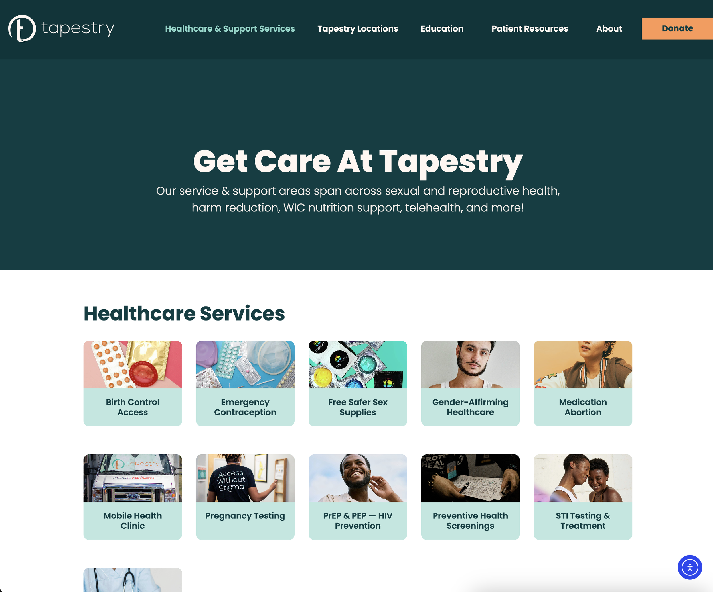 Screenshot of Tapestry healthcare website homepage featuring service offerings like birth control, emergency contraception, free safer sex supplies, gender-affirming healthcare, medication abortion, mobile clinics, pregnancy testing, HIV prevention, 