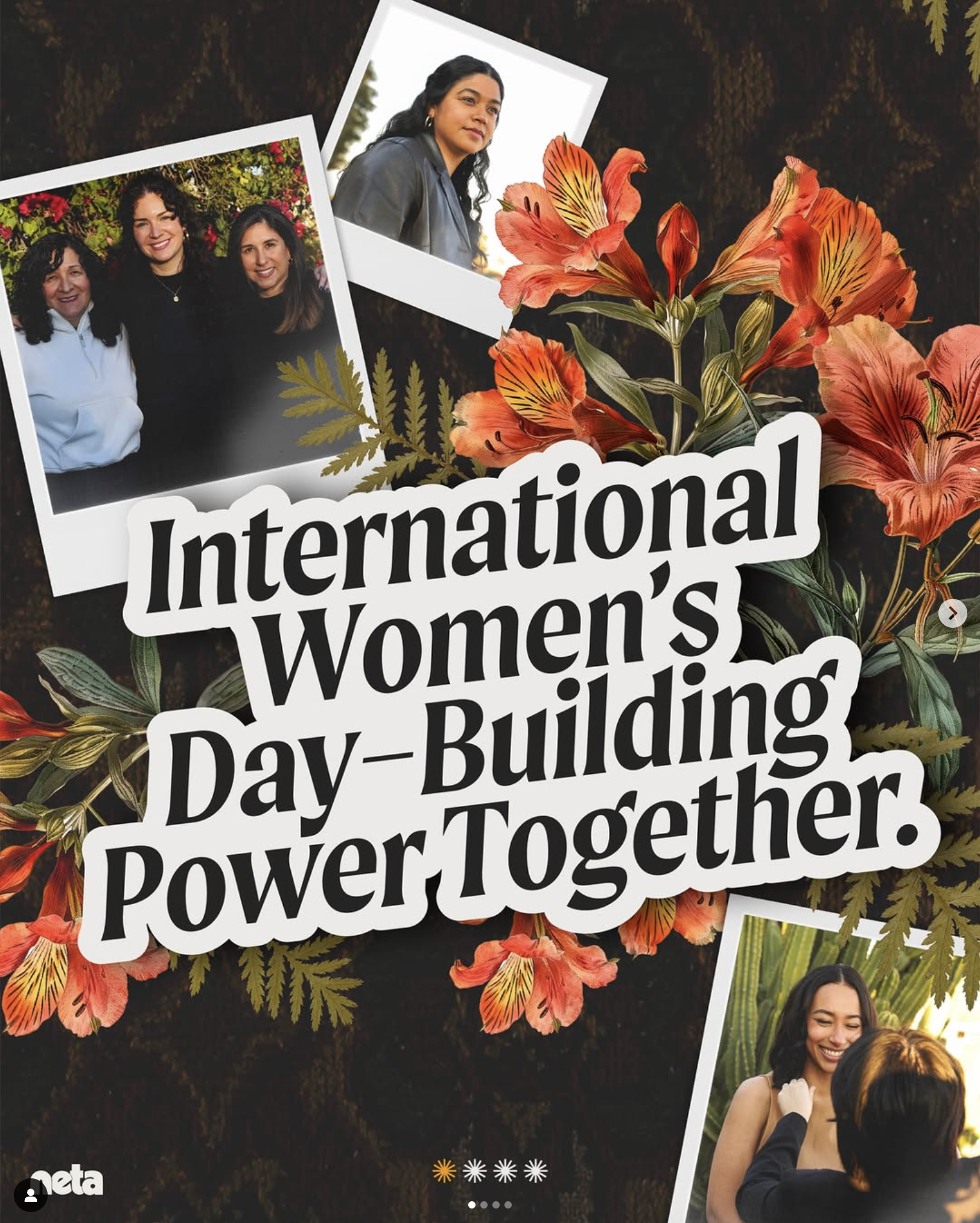 A celebration of International Women's Day with floral decorations, photographs of women, and bold text stating 'International Women's Day - Building Power Together.'