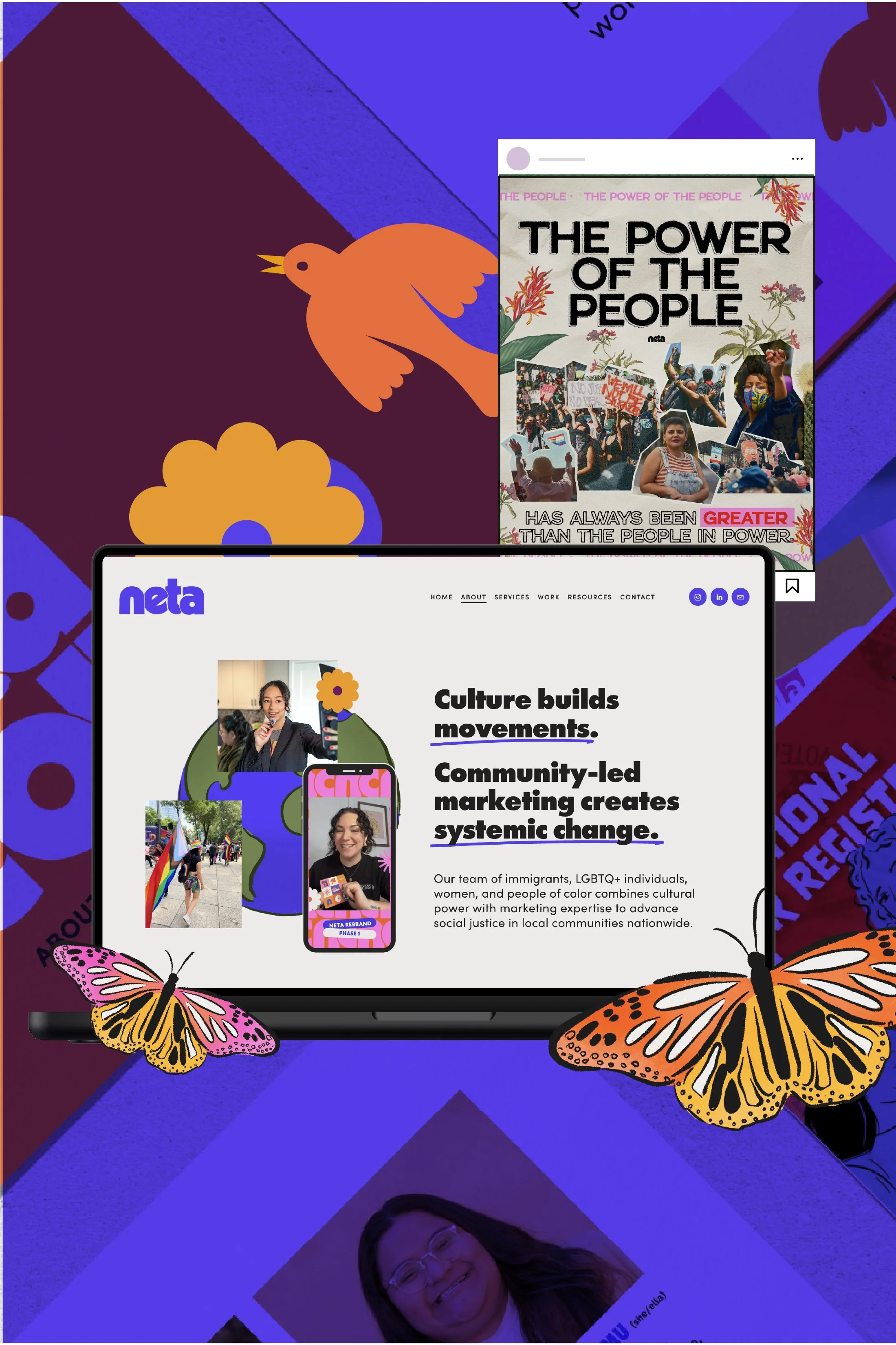 Collage of digital artwork including a website homepage titled 'neta' with images of diverse women and a graphic of a woman holding a rainbow flag, a protest poster titled 'The Power of the People' with photos of protests and signs, colorful butterfl