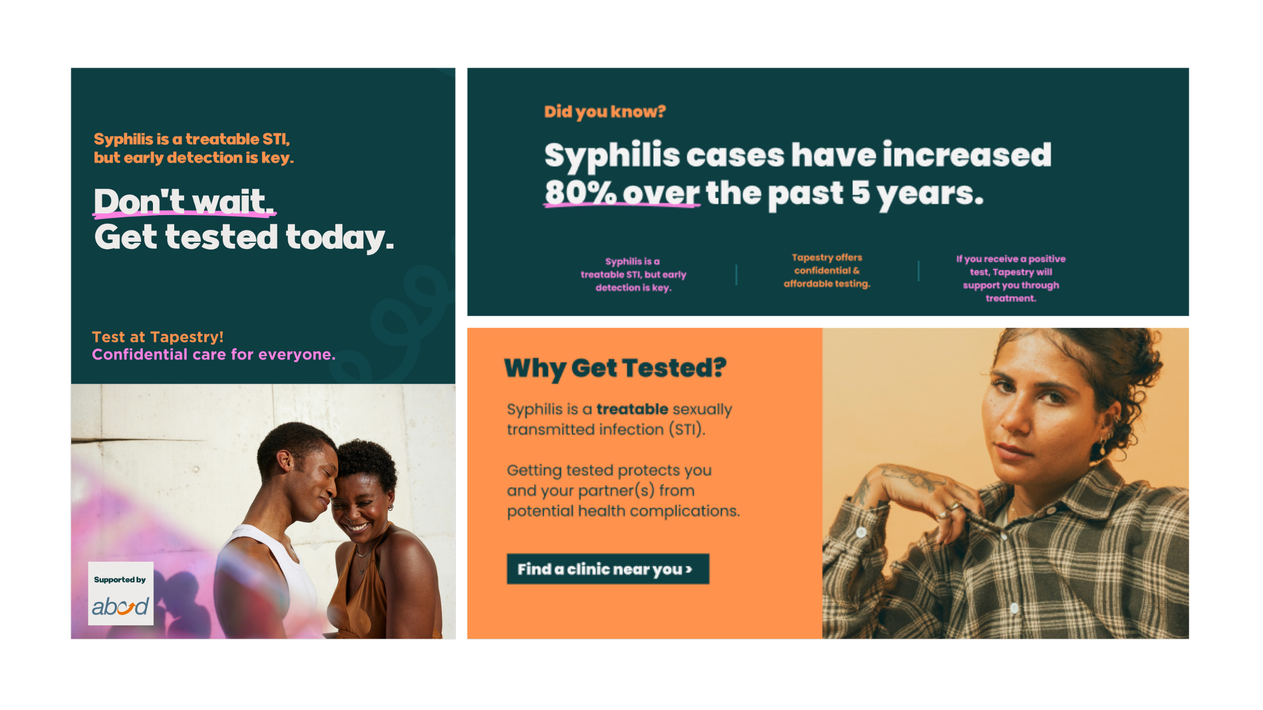 A public health flyer about testing for syphilis. It features bold headers in orange and white, with a photo of two smiling women, and information about the importance of early detection and testing clinics near you.