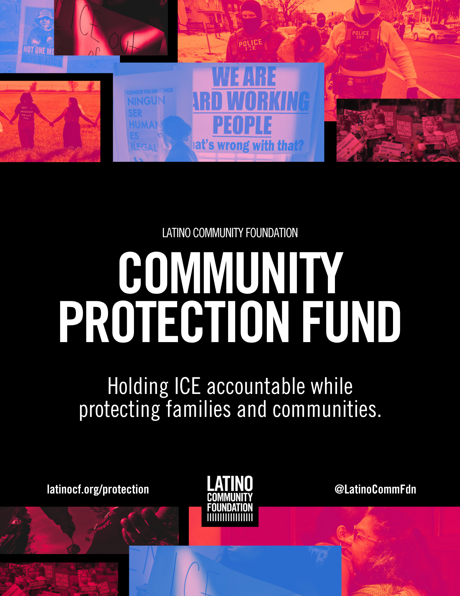 Peaceful protest with people holding signs against ICE, police officers in riot gear, and community members holding hands, promoting immigrant rights and community protection.