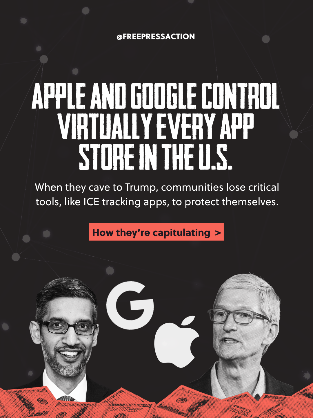 Image showing text about the dominance of Apple and Google in app stores, with photos of Sundar Pichai and Bill Gates, logos of Google and Apple, and stacks of dollar bills.