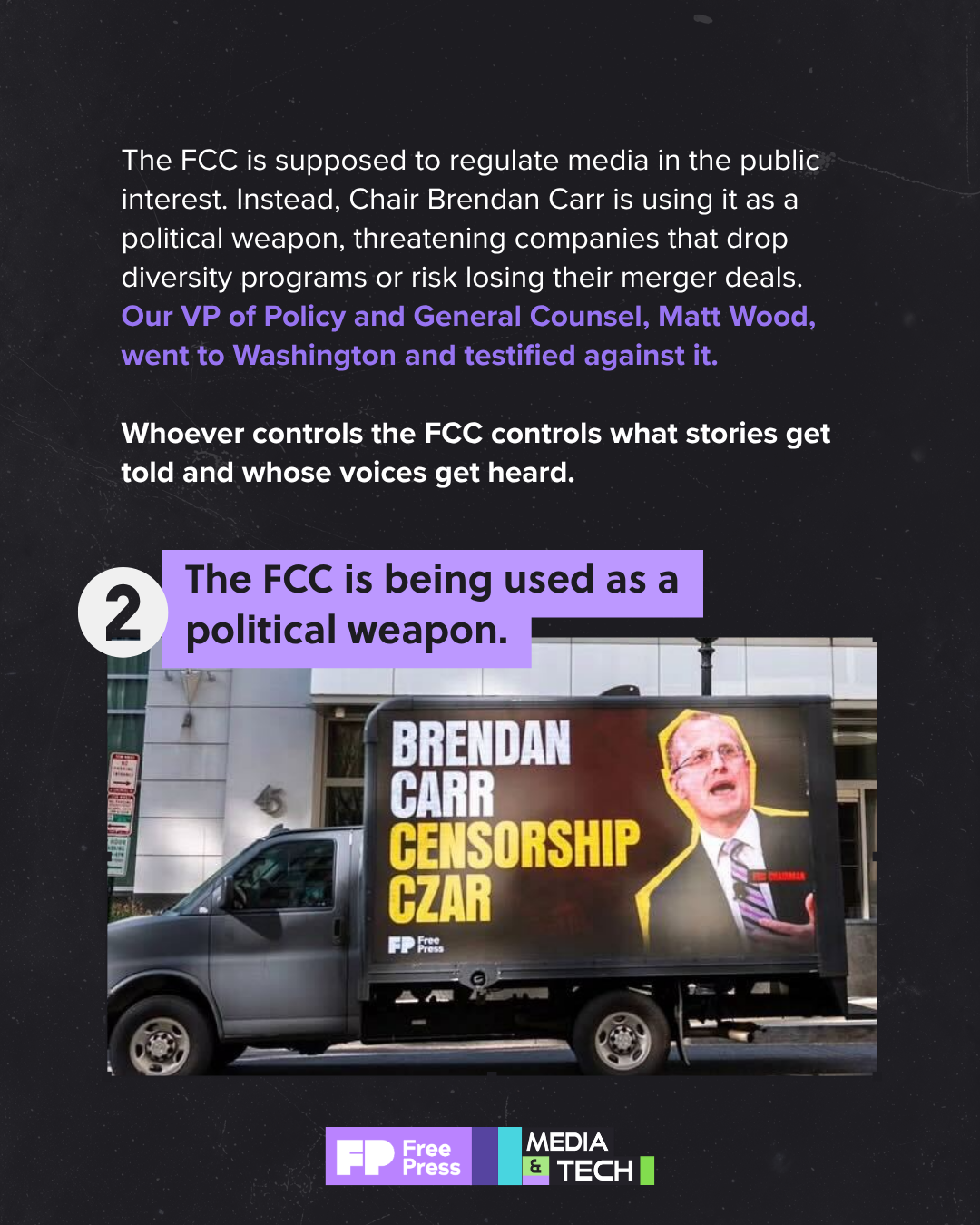 Digital infographic criticizing FCC regulations, featuring a truck with a political cartoon of Brendan Carr labeled 'Censorship Czar' and highlighting the phrase 'The FCC is being used as a political weapon' in purple.