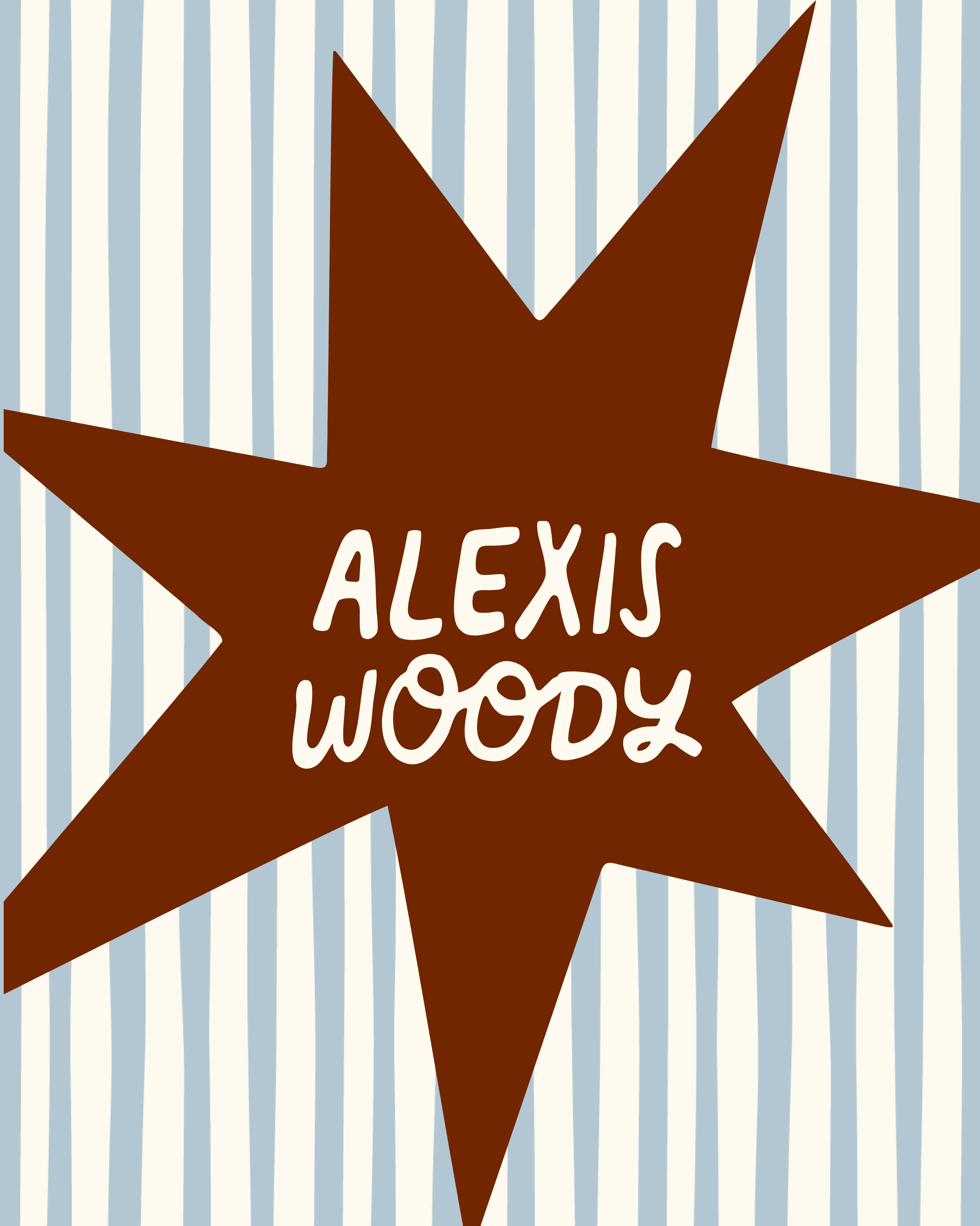 A graphic design featuring a large brown starburst shape with the name "Alexis Woody" written inside in white, handwritten-style text. The background has vertical blue and white stripes.