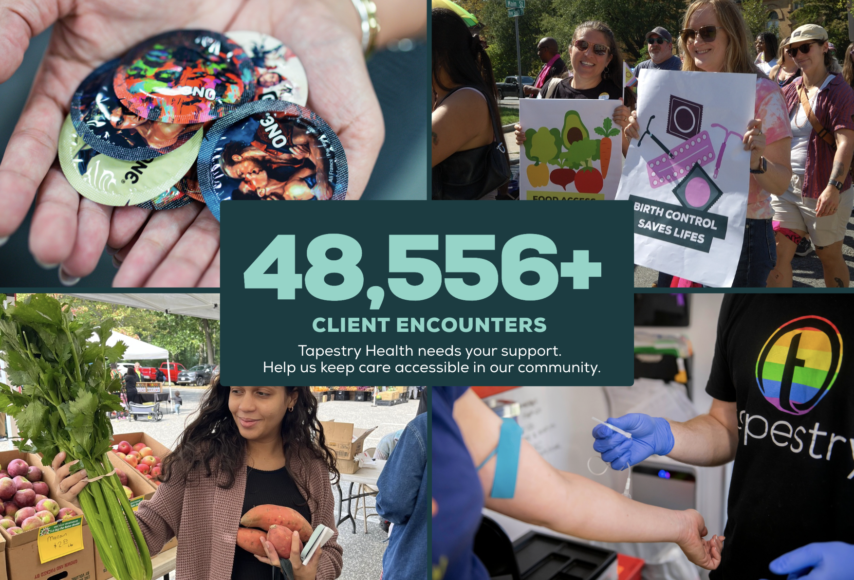 Collage of photos from community health event: top left shows hand holding wristbands; top right shows people holding signs about reproductive rights and health; bottom left shows woman holding fresh produce at an outdoor market; bottom right shows h
