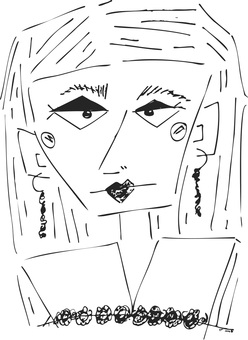Line drawing of julia with long hair, large earrings, and a necklace, with a neutral expression.