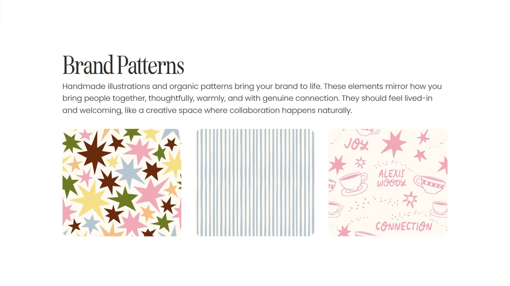Three different patterns for branding: colorful star pattern, blue and white striped pattern, pink pattern with teacups, stars, and handwritten words.