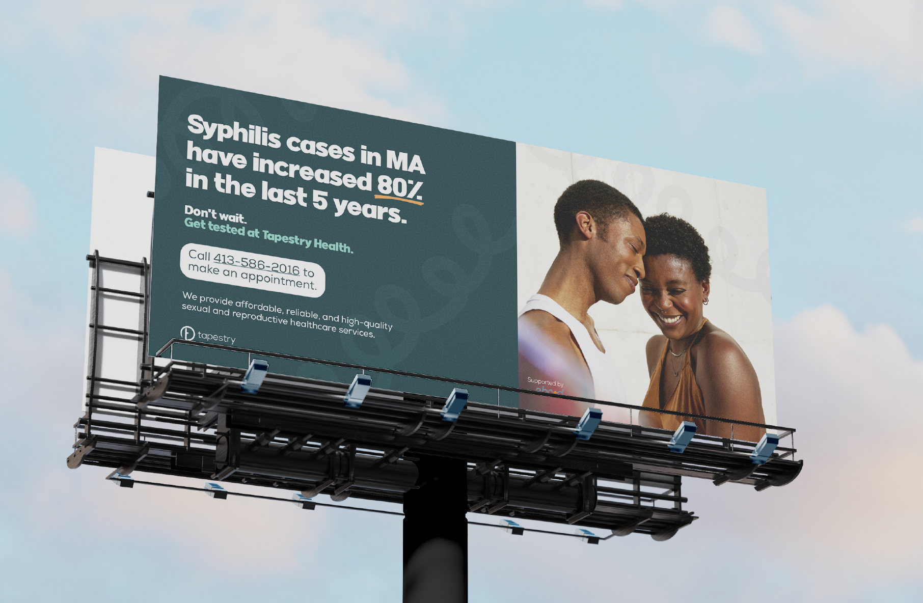 Billboard advertisement about rising syphilis cases in Massachusetts, featuring a smiling Black man and woman. The ad encourages testing at Tapestry Health, with a contact number and information about healthcare services.