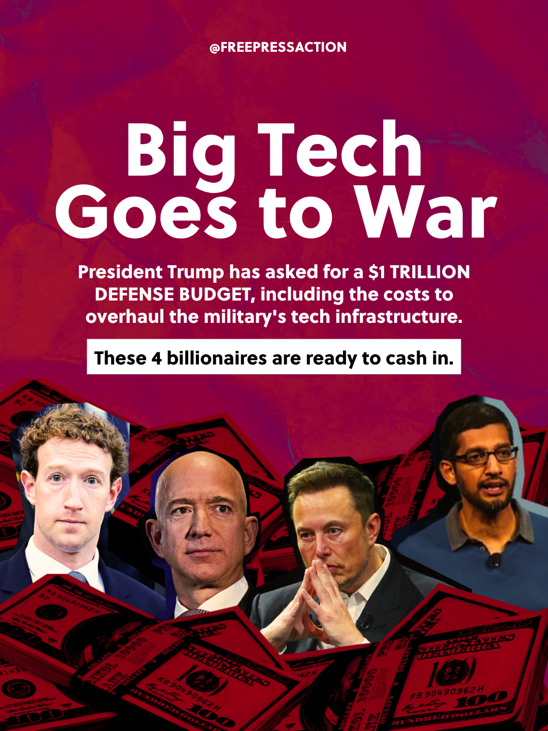 Poster with headline 'Big Tech Goes to War', showing pictures of four men with dollar bills in the background.