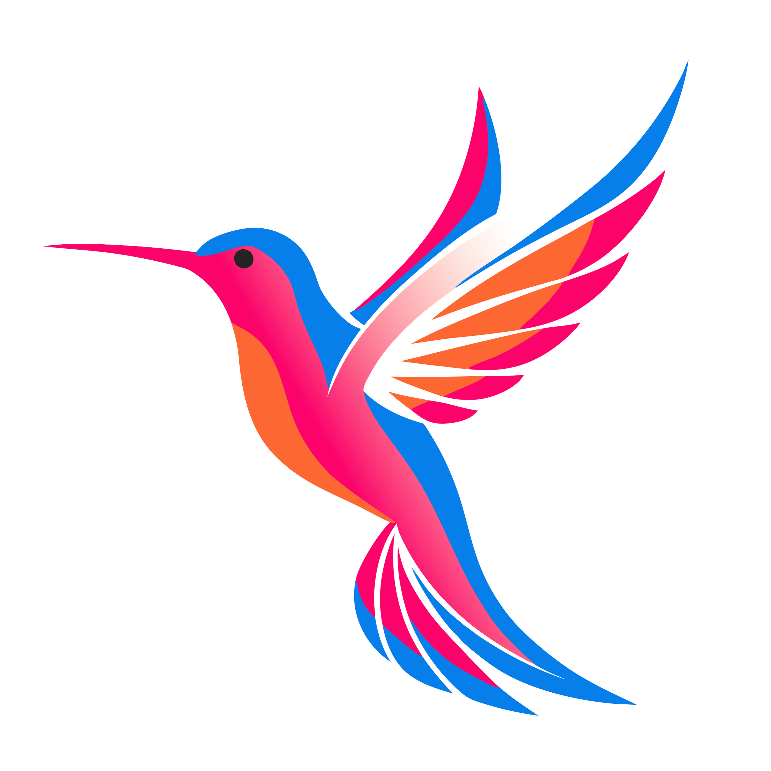 Colorful stylized illustration of a hummingbird with pink, orange, blue, and white feathers in flight.