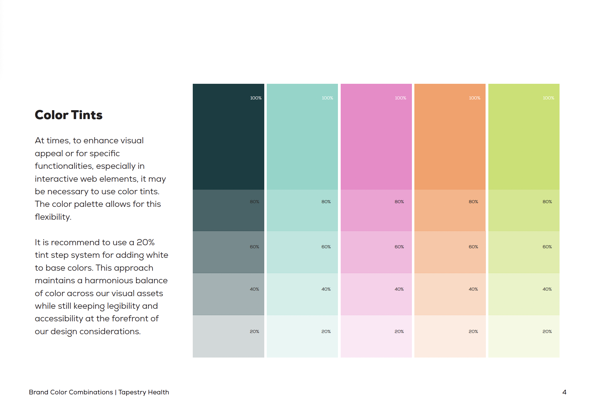 A chart titled 'Color Tints' displays five color columns with percentage levels, accompanied by descriptive text on color tinting for web design. The colors are dark teal, light teal, pink, orange, and light green.