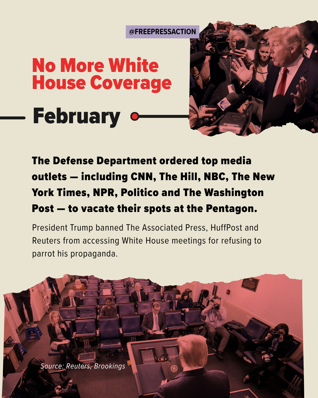 A protest sign with a photo of Donald Trump speaking, surrounded by reporters and photographers, protesting media coverage of White House events.