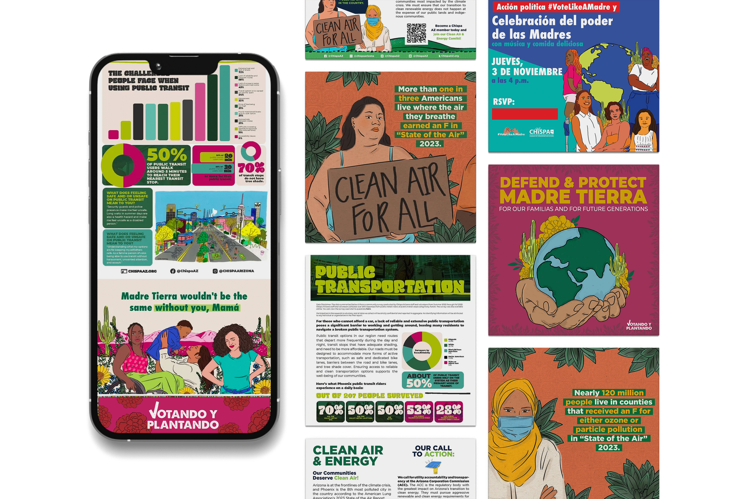 A collection of environmental and social justice posters, including one showing a woman holding a sign that says 'Clean Air for All,' with slogans about public transit, air quality, and environmental protection, mostly in Spanish and English.