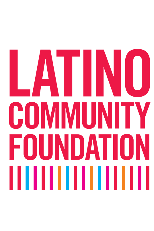 Logo of the Latino Community Foundation featuring bold pink and purple text with multicolored vertical lines at the bottom.