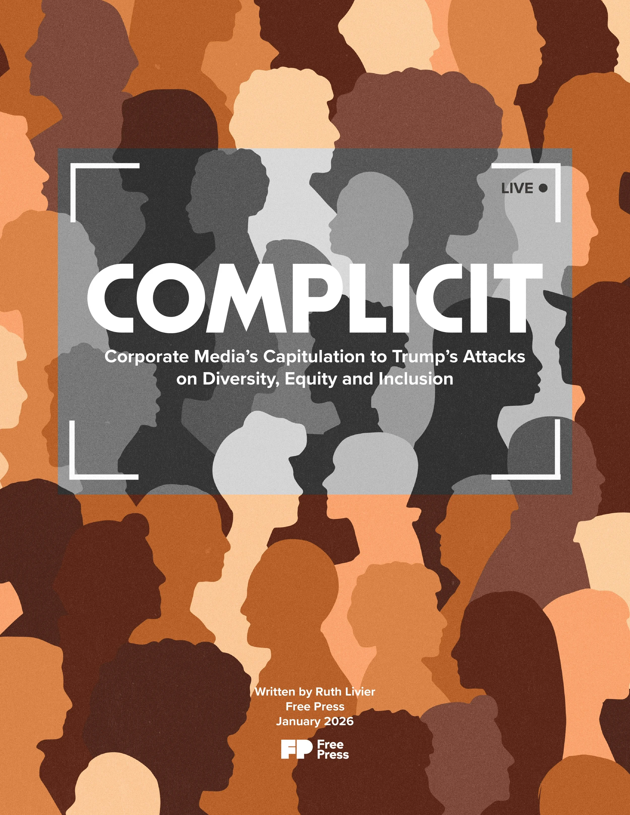 Book cover titled 'Complicit' with a background of silhouettes of diverse people in various shades of brown, orange, and gray.