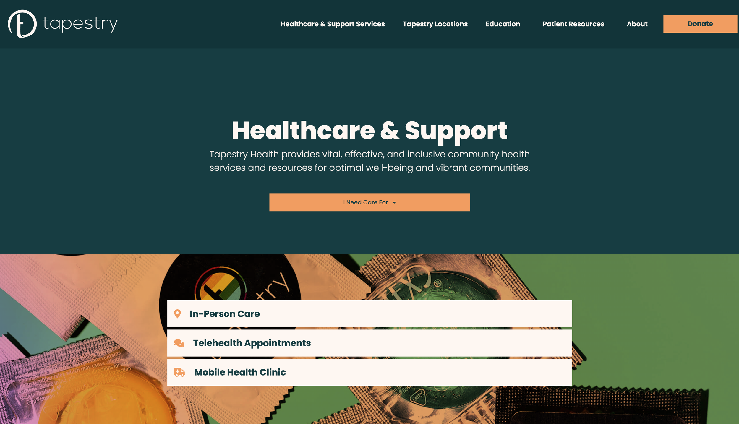 Screenshot of Tapestry Health website showcasing healthcare services, including options for in-person care, telehealth appointments, and a mobile health clinic, with a navigation menu at the top and a prominent donate button.