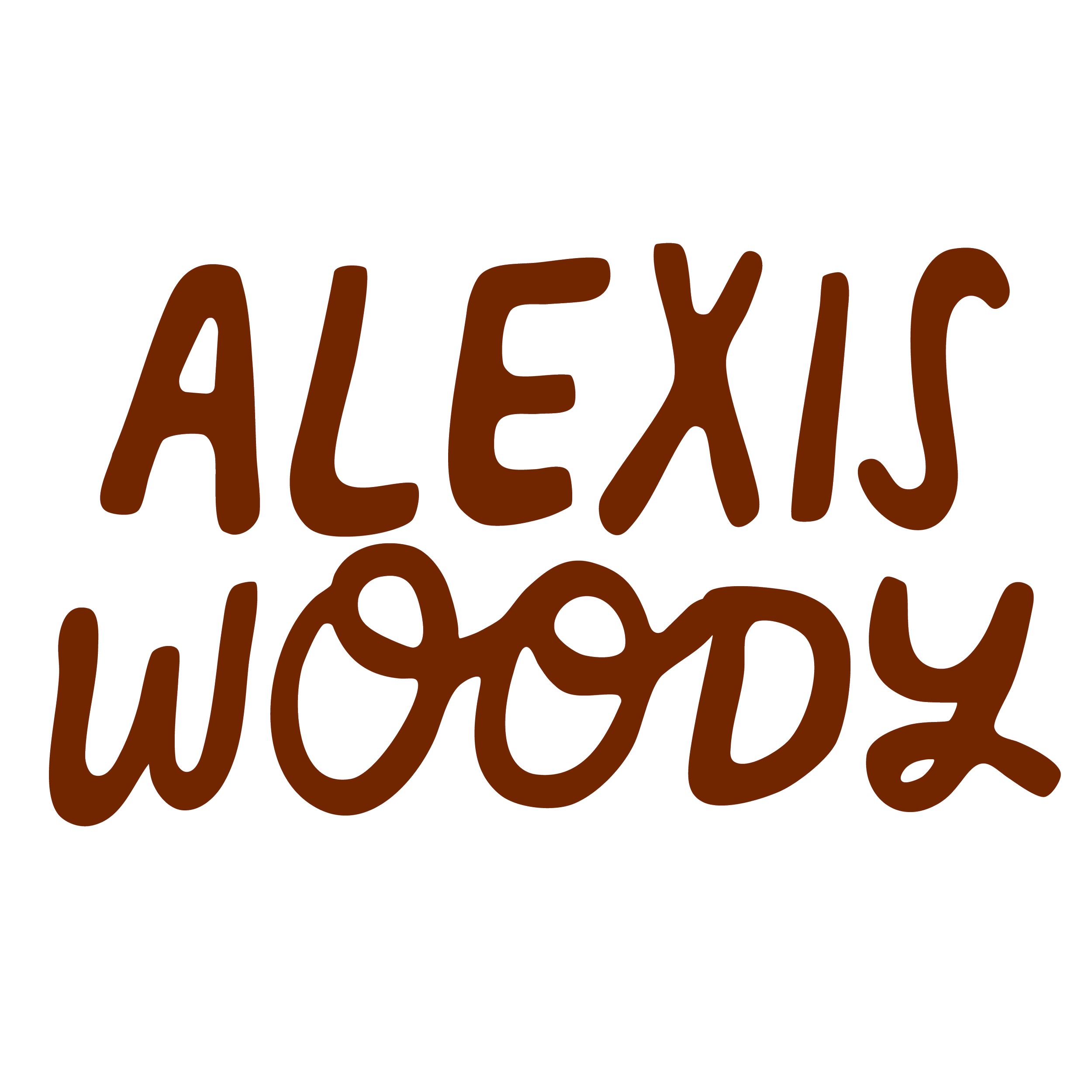 Handwritten text that says "ALEXIS WOOODY" in brown on a black background.
