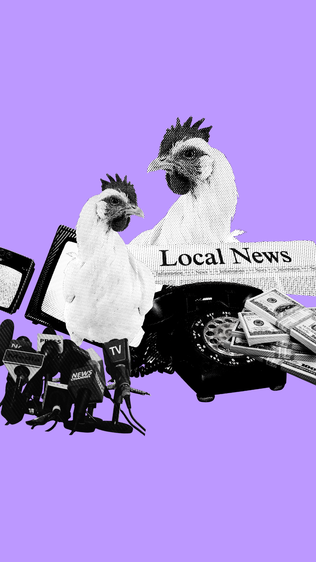 Illustration of two chickens with newspaper headlines and microphones, money, and a rotary phone on a purple background.