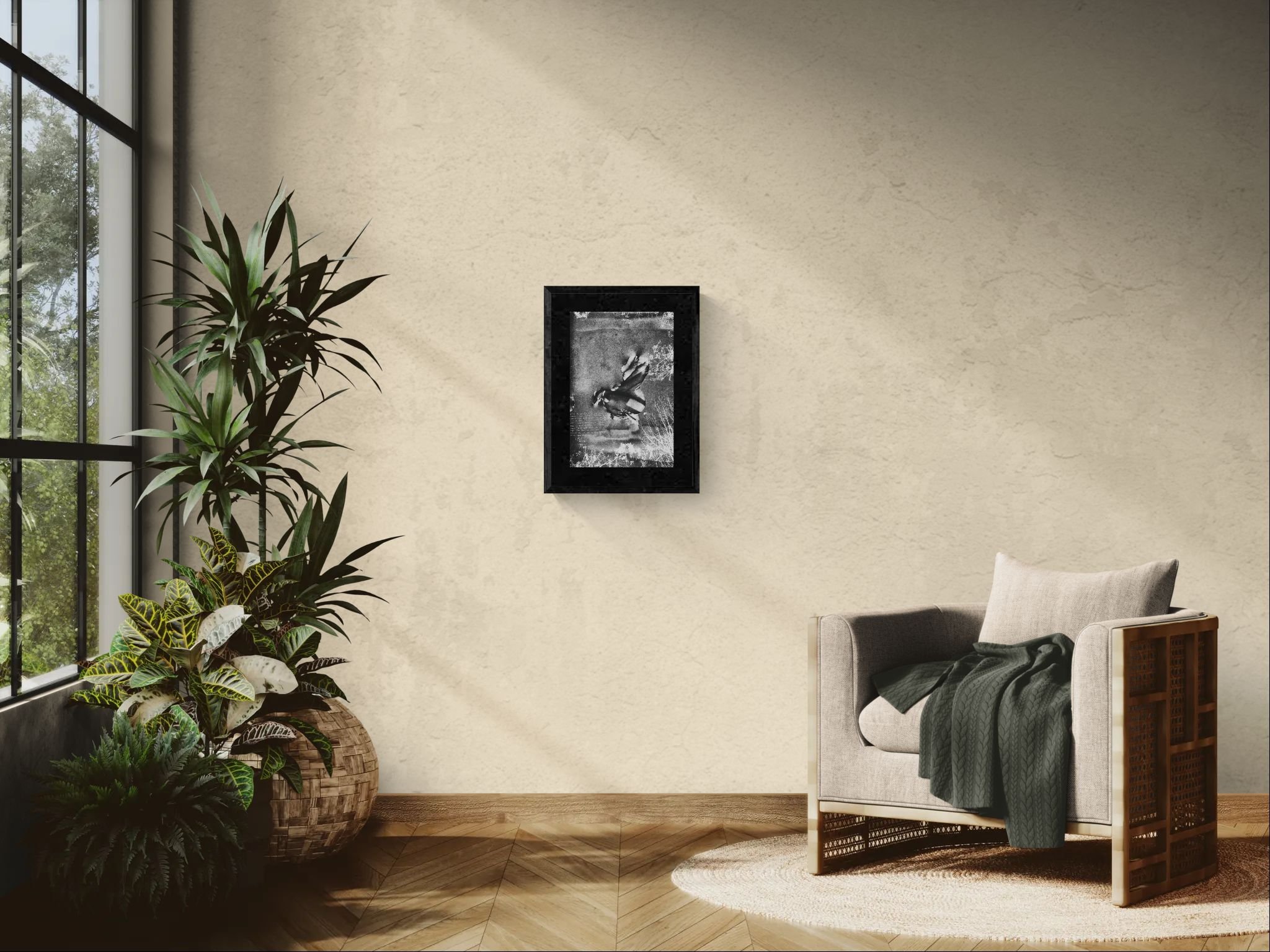 Sunlit room with an armchair and tropical plants.jpeg