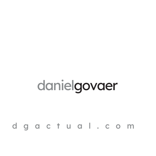 Logo with large white 'DG' letters on a black background, 'daniel goyer' in gray and black text across the middle, and 'dgactual.com' in smaller gray text at the bottom.
