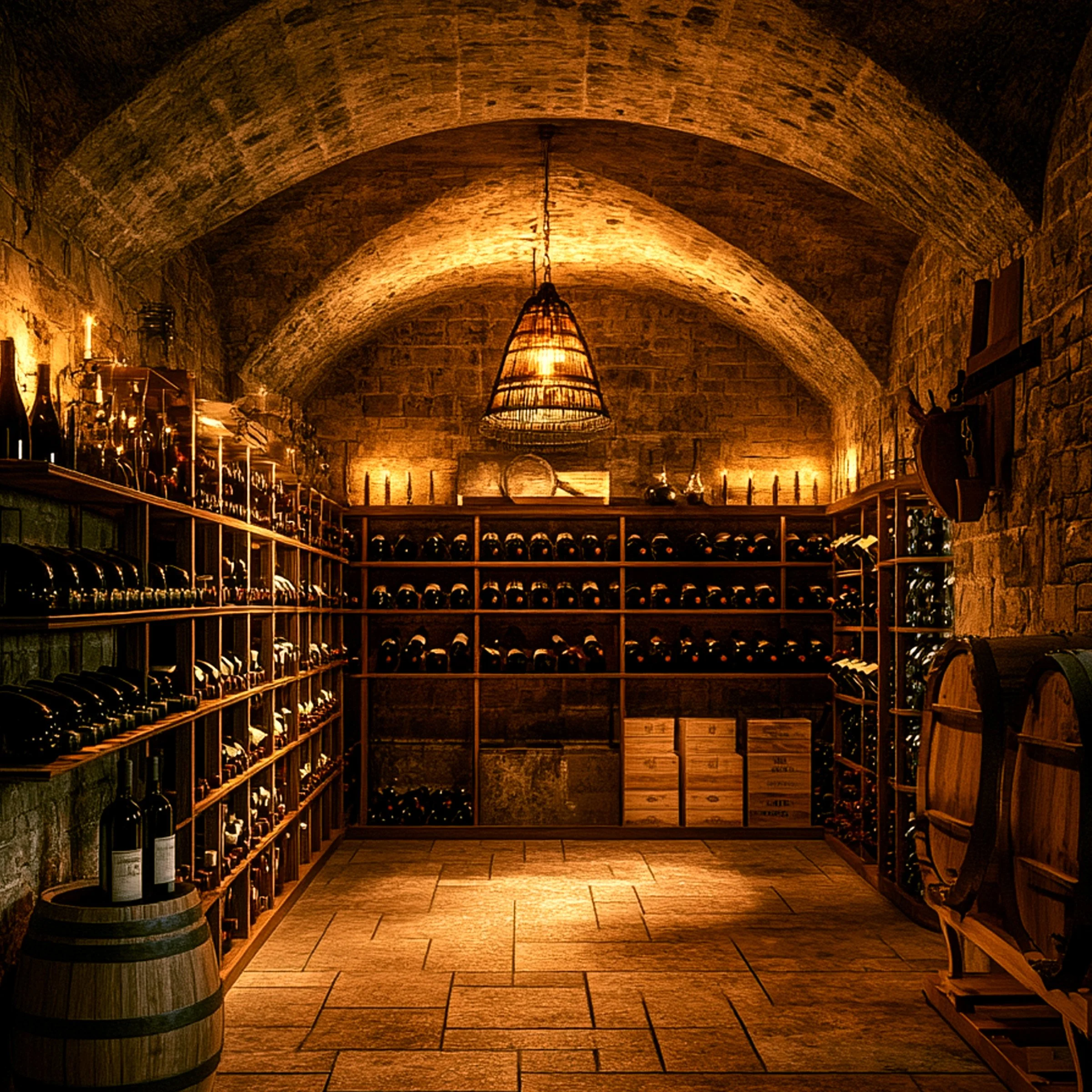 A wine cellar with wooden shelves filled with wine bottles, a barrel with two wine bottles on top, and a large barrel on the right. The cellar has a vaulted stone ceiling with warm lighting.