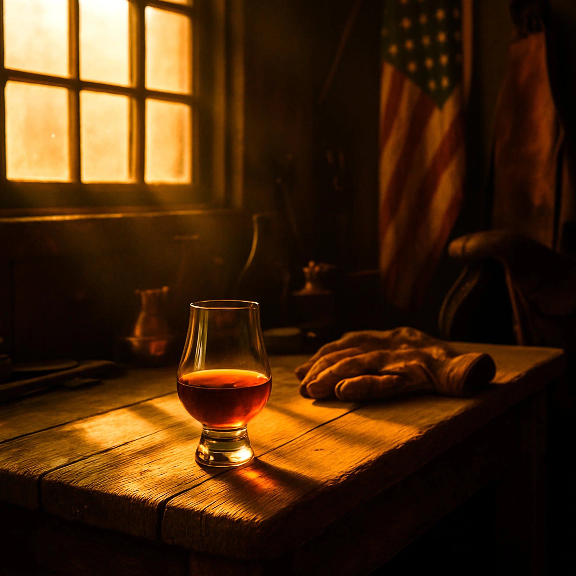 Glass of American whiskey on a rustic wooden table with gloves and a faded U.S. flag in warm light.