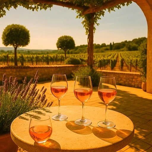 Four glasses of rosé wine on a stone table overlooking a scenic vineyard landscape at sunset, highlighting the elegance of Virginia Philip’s rosé wine collection.