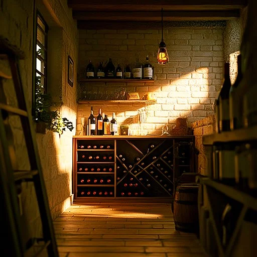 Rustic wine cellar with wooden racks, assorted wine bottles, brick walls, and warm natural light filtering through a window.
