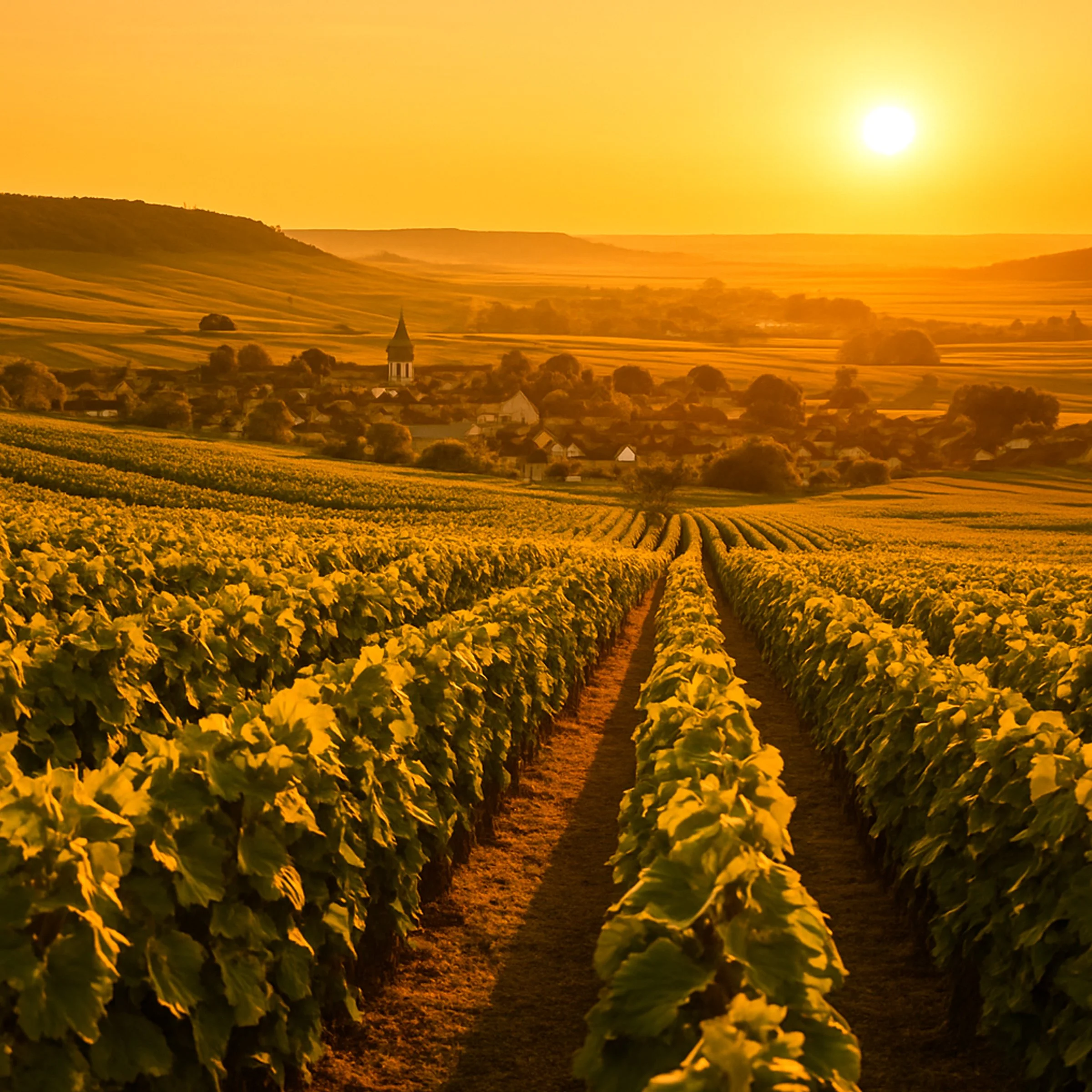 Golden vineyard rows at sunset with a French village and church steeple in the Champagne region.