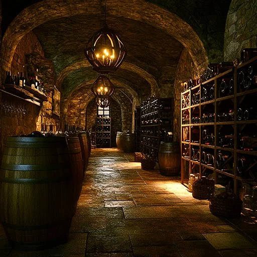 Elegant stone-arched wine cellar with chandeliers, wooden barrels, wine racks, and a rustic tile floor.