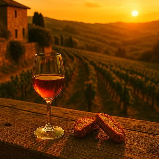 Glass of sweet dessert wine beside biscotti on a rustic wooden ledge overlooking vineyard hills at sunset, showcasing Virginia Philip’s curated selection of dessert wines.