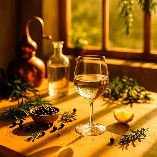Glass of gin on a sunlit wooden table surrounded by juniper berries, botanicals, citrus, and a copper still—highlighting the artisanal craft of Virginia Philip’s gin selection.